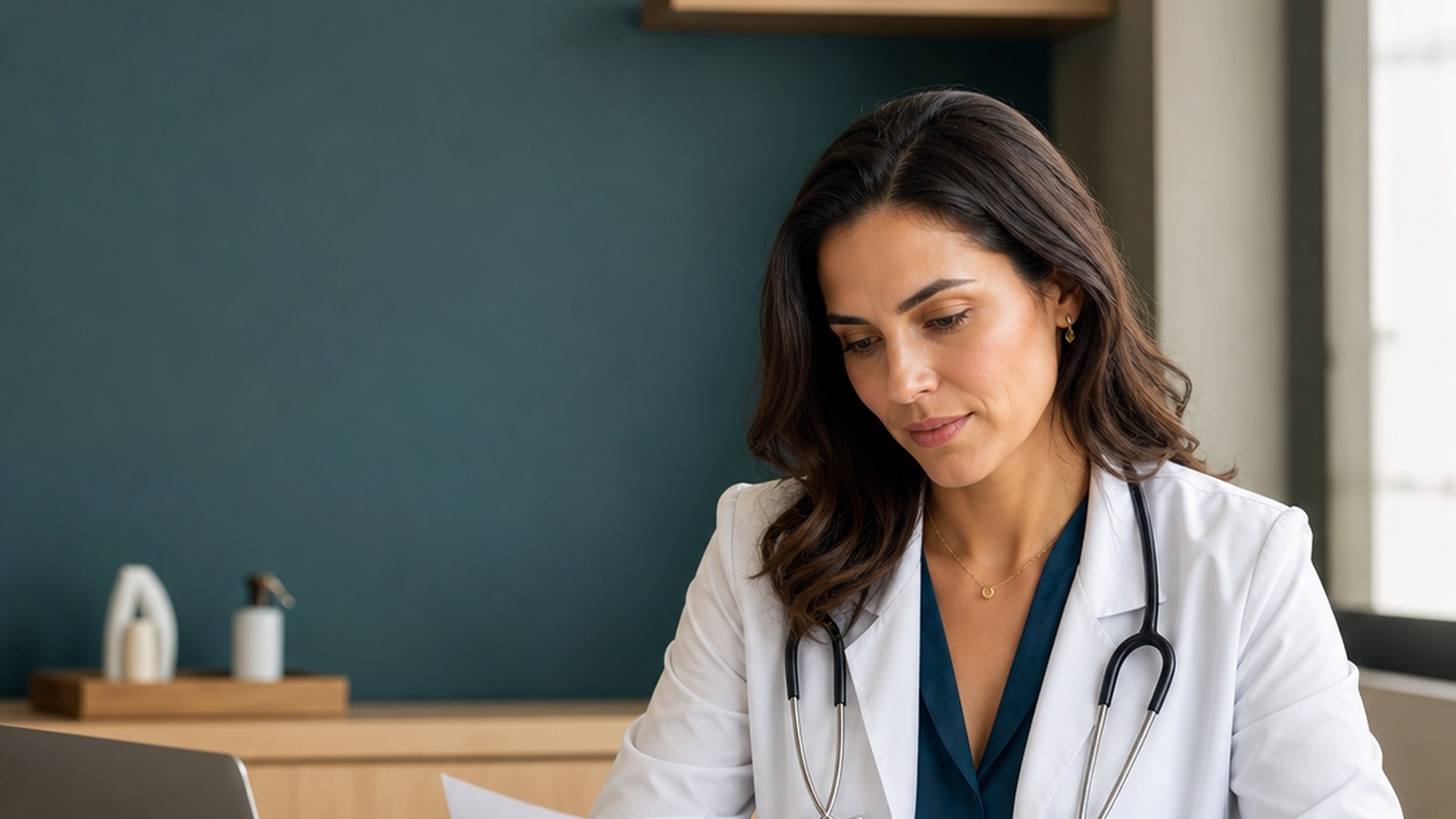 Médica de jaleco branco com estetoscópio analisando documentos em mesa de consultório